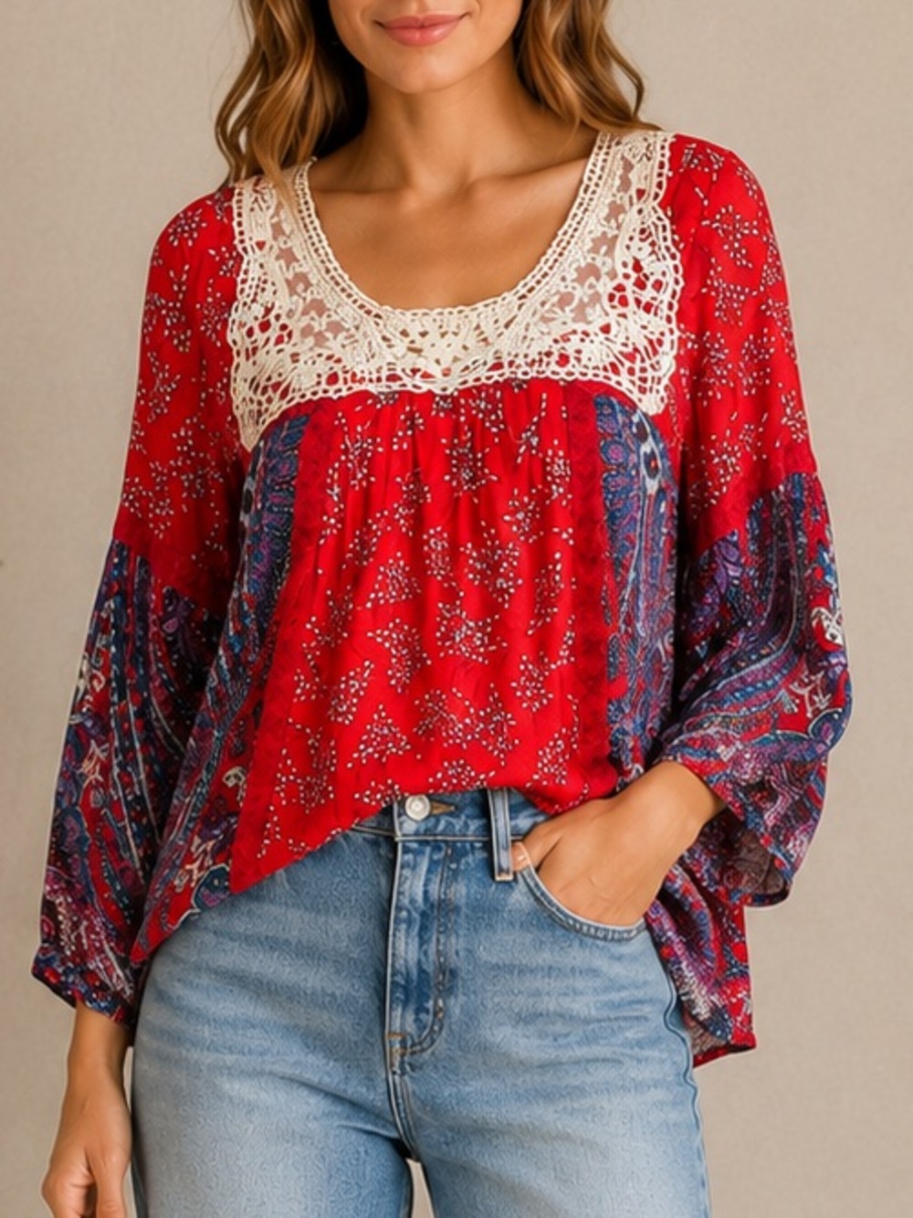 Bila Boho Peasant Blouse Crochet Lace Paisley Bell Sleeve Rayon Top Small NWT